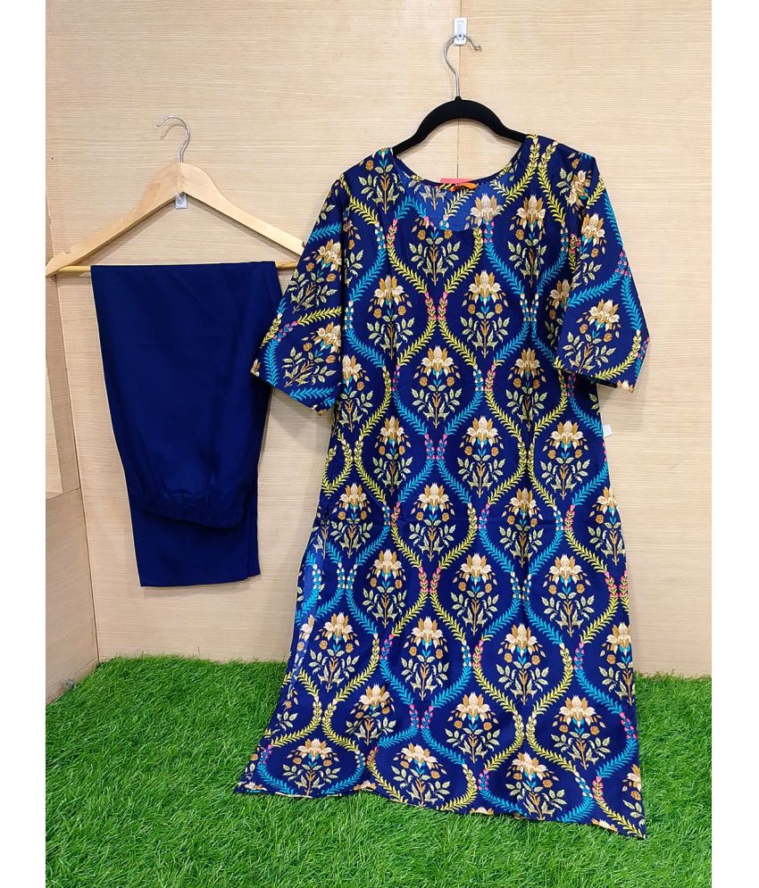     			Ethnicbasket Pack of 1 Crepe Printed Straight Women's Kurti - ( Blue )