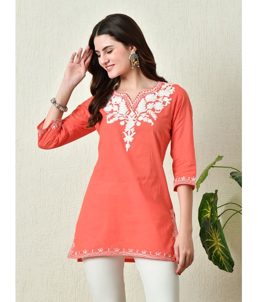     			Tanuj Pack of 1 Cotton Embroidered Straight Women's Kurti - ( Peach )