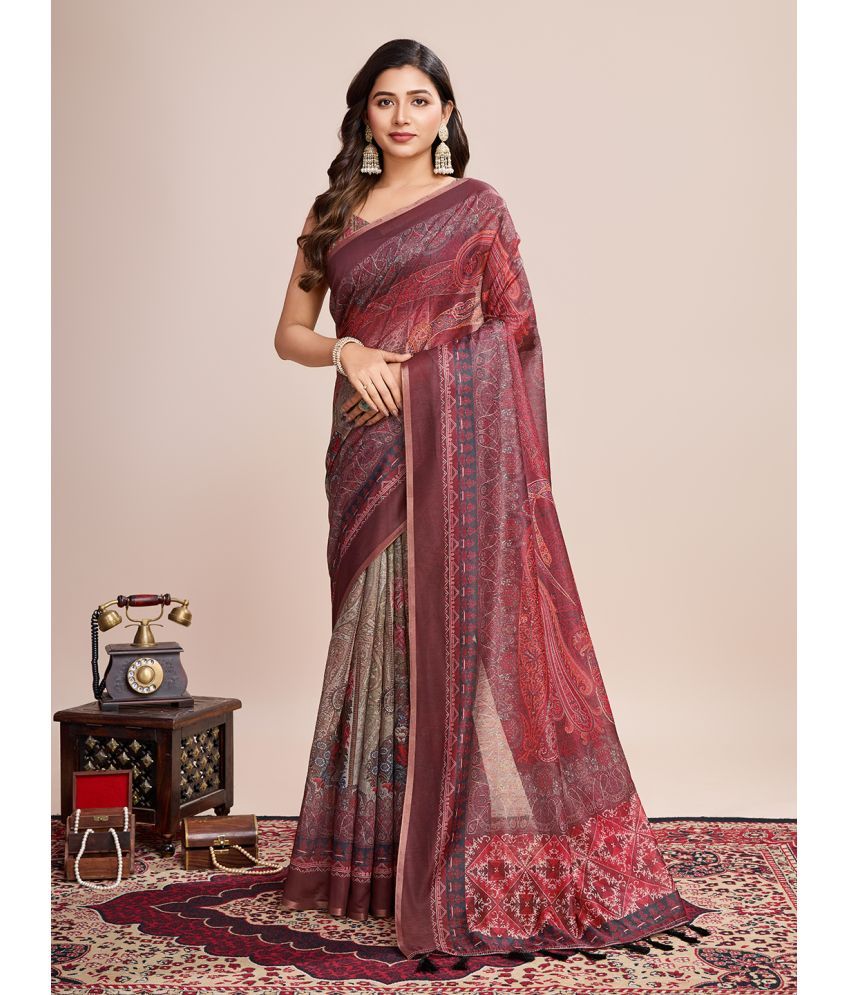     			Varni Fabrics Pack of 1 Linen Printed Saree With Blouse Piece ( Red )