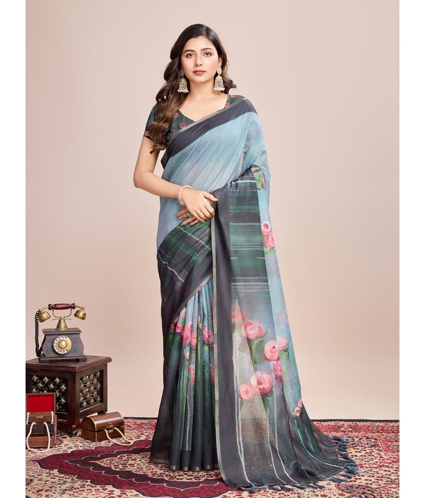     			Varni Fabrics Pack of 1 Linen Printed Saree With Blouse Piece ( SkyBlue )