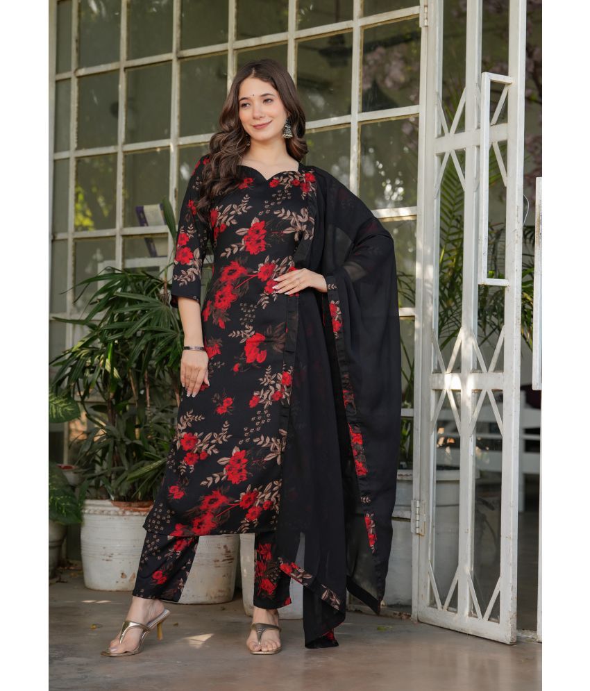     			Vividvibe Silk Blend Printed Kurti With Pants Women's Stitched Salwar Suit - Black ( Pack of 1 )