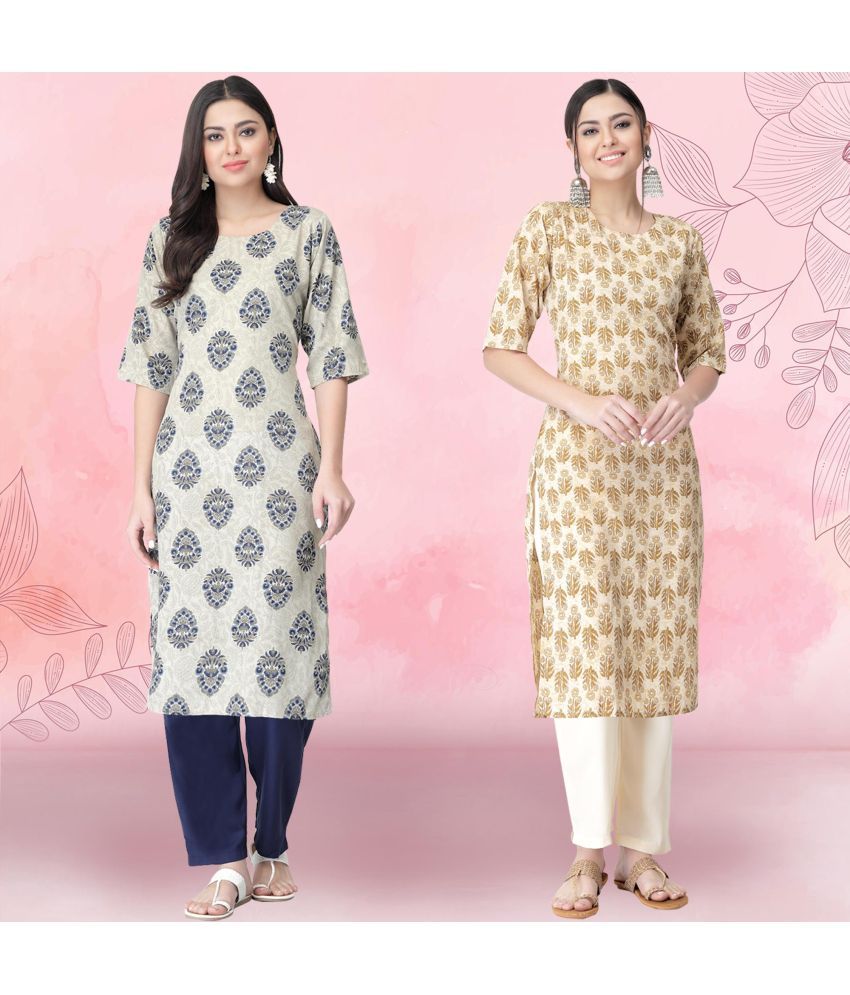     			1 Stop Fashion Crepe Printed Kurti With Pants Women's Stitched Salwar Suit - Beige ( Pack of 2 )