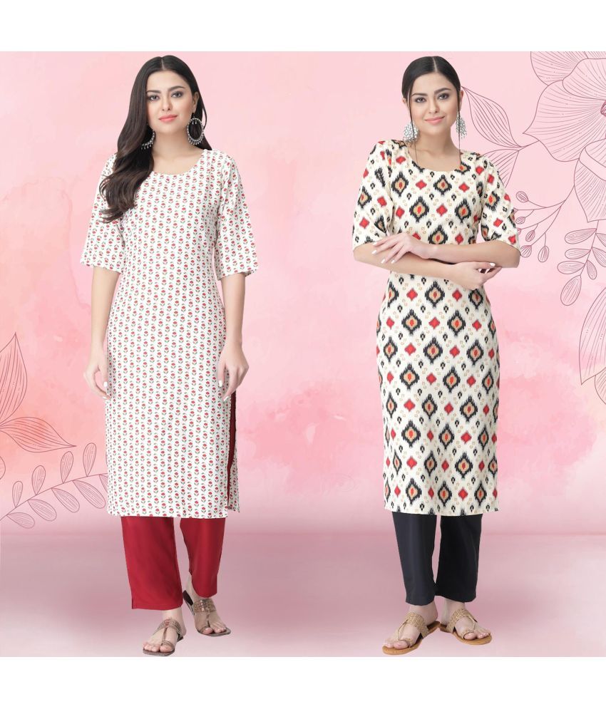     			1 Stop Fashion Crepe Printed Kurti With Pants Women's Stitched Salwar Suit - Off White ( Pack of 2 )