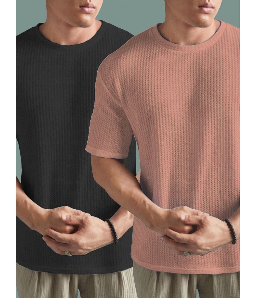     			ADORATE Polyester Regular Fit Self Design Half Sleeves Men's Round T-Shirt - Peach ( Pack of 2 )