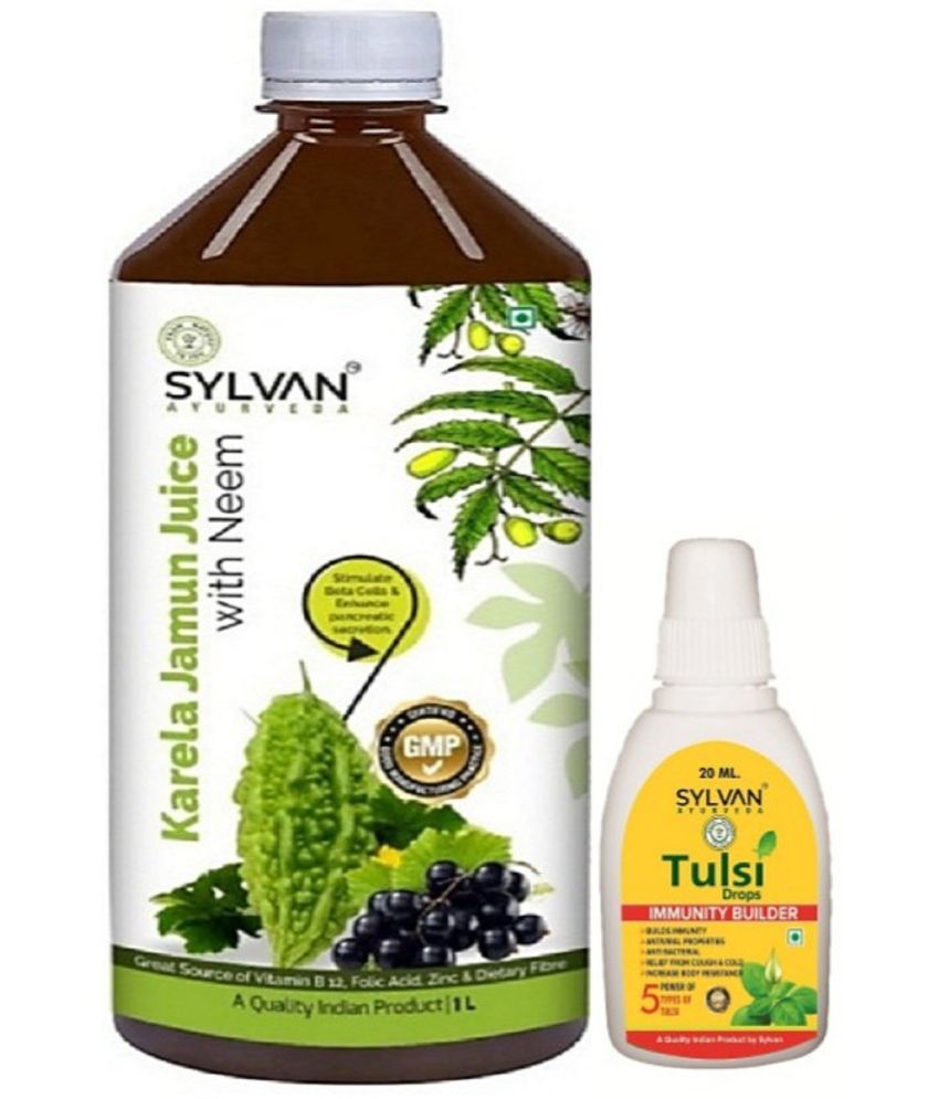     			SYLVAN AYURVEDA KARELA JAMUN JUICE WITH NEEM 1L & TULSI DROPS IMMUNITY BOOSTER 20ML (2 x 510 ml)