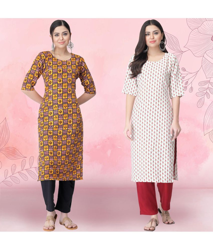     			1 Stop Fashion Crepe Printed Kurti With Pants Women's Stitched Salwar Suit - Off White ( Pack of 2 )