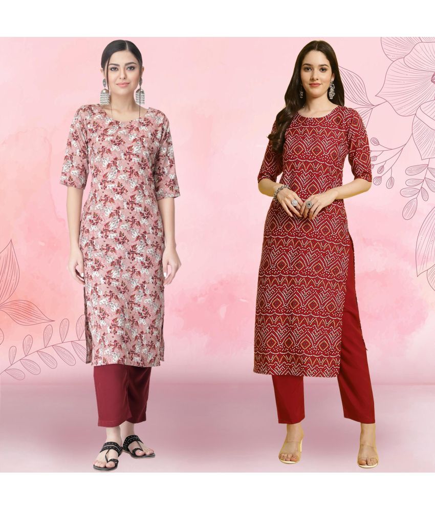     			1 Stop Fashion Crepe Printed Kurti With Pants Women's Stitched Salwar Suit - Maroon ( Pack of 2 )