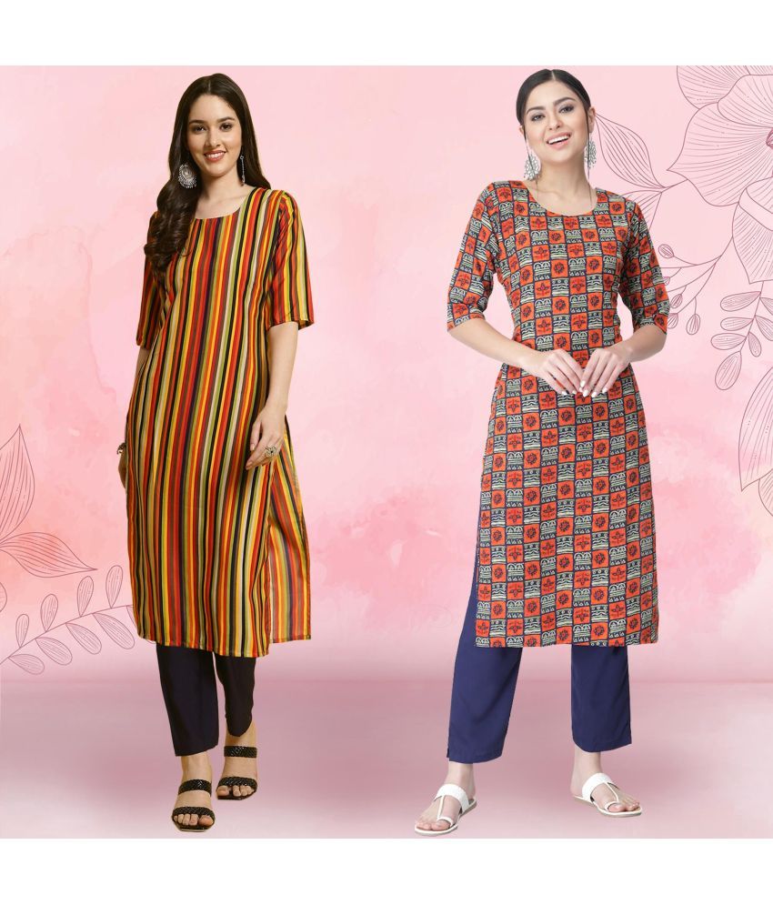     			1 Stop Fashion Crepe Printed Kurti With Pants Women's Stitched Salwar Suit - Orange ( Pack of 2 )