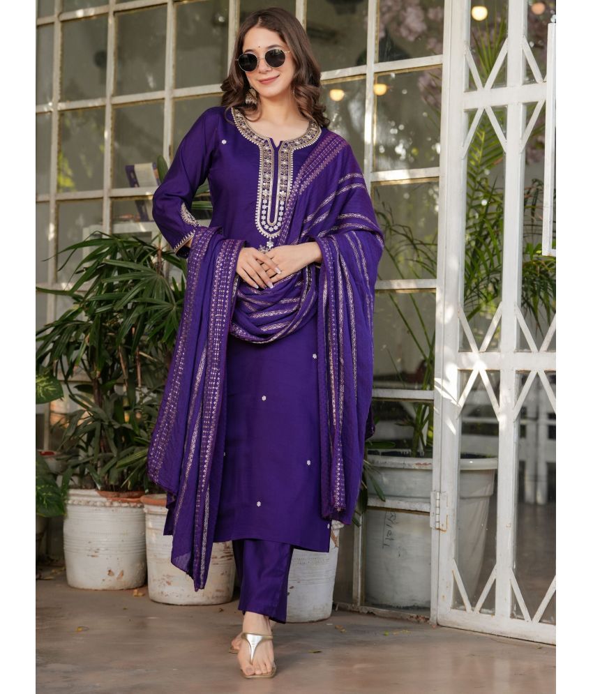     			Niza Fashion Chanderi Embroidered Kurti With Pants Women's Stitched Salwar Suit - Purple ( Pack of 1 )