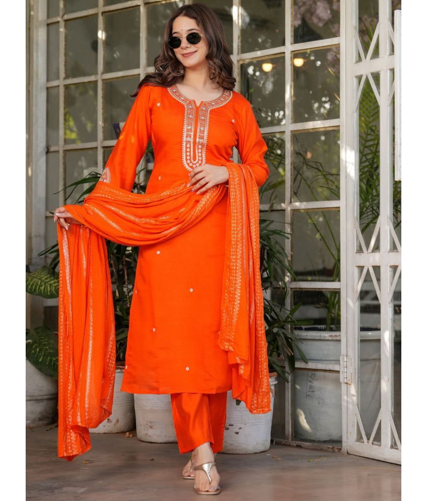     			Niza Fashion Chanderi Embroidered Kurti With Pants Women's Stitched Salwar Suit - Orange ( Pack of 1 )