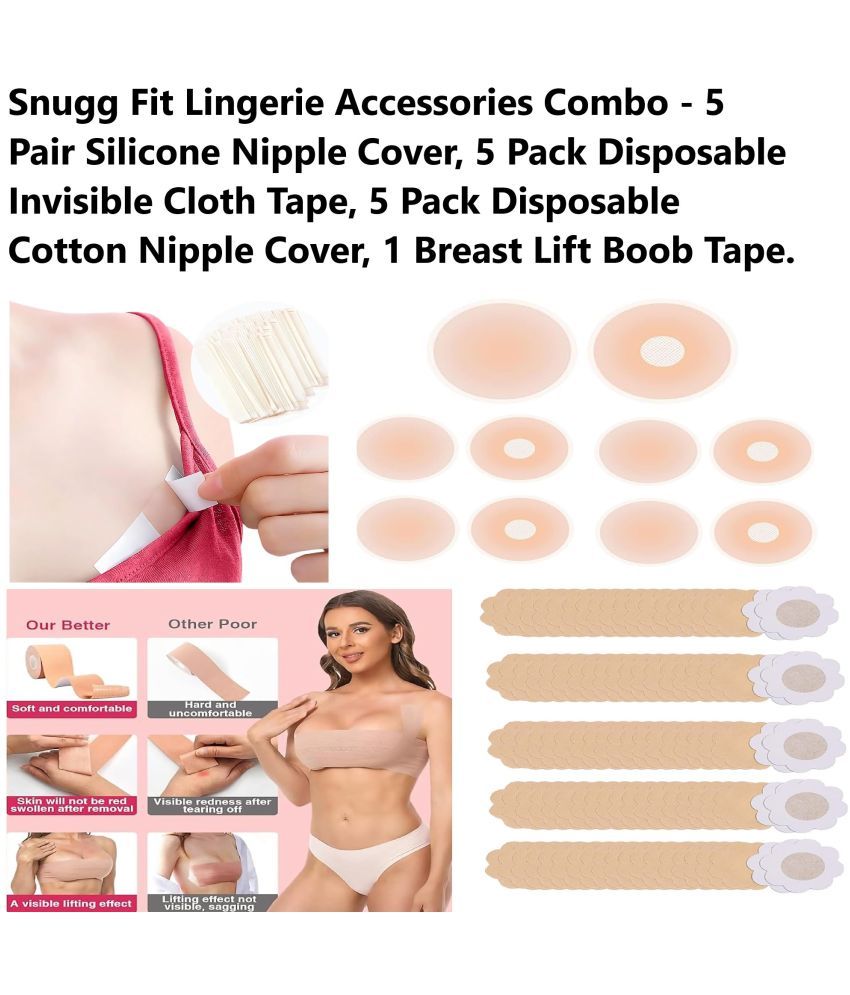     			Best Quality Cheapest Combo - Breast Lift Boob Tape (1), Flix 10 Times Reusable Silicone Nipple Cover (5 Pair), Disposable Cotton Nipple Cover (5 Packs) & Double Side Invisible Fashion Body Tape (5 Packs)