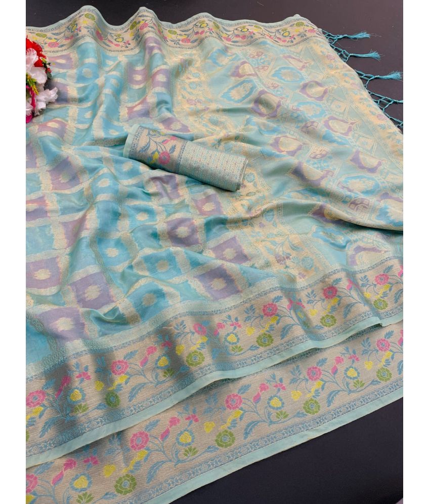     			Gullak Pack of 1 Banarasi Silk Printed Saree With Blouse Piece ( Aqua Blue )