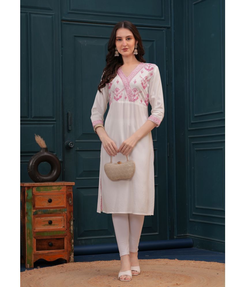     			JC4U Pack of 1 Viscose Rayon Embroidered Straight Women's Kurti - ( Pink )