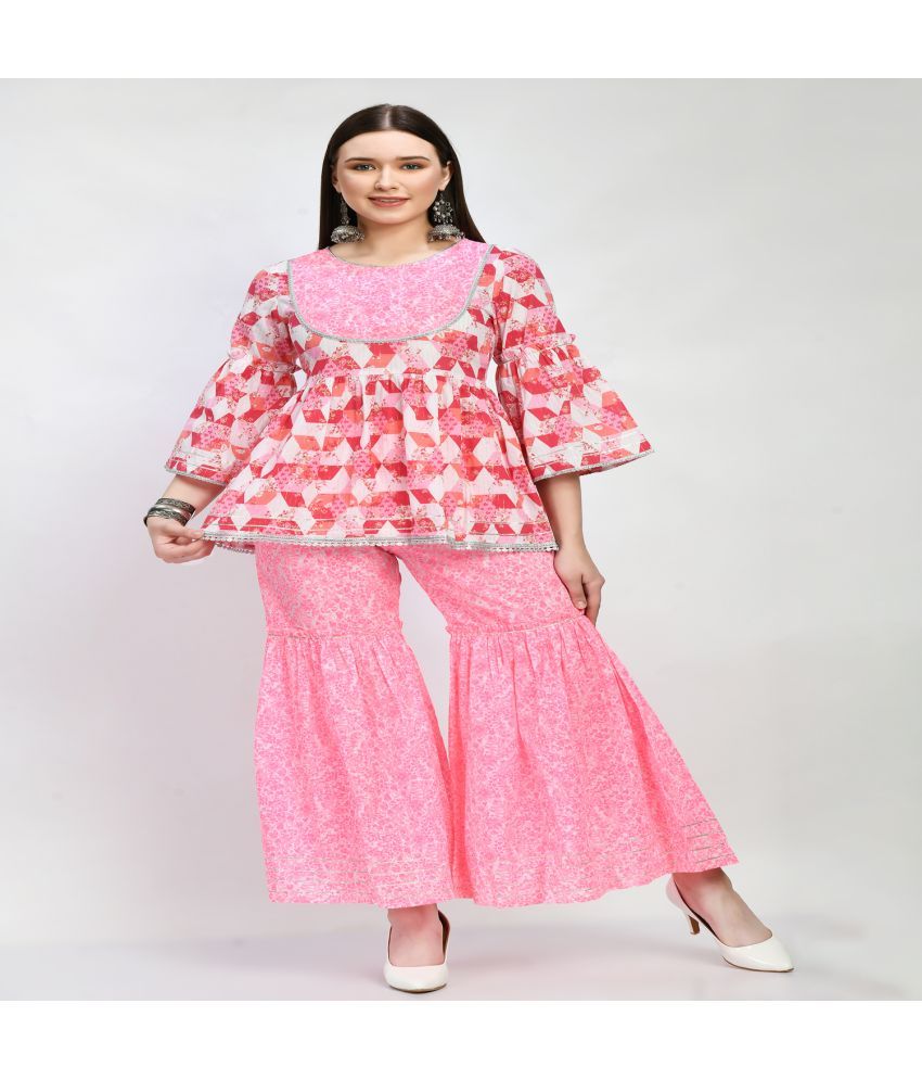     			Neel & Ned Cotton Printed Kurti With Sharara And Gharara Women's Stitched Salwar Suit - Pink ( Pack of 1 )