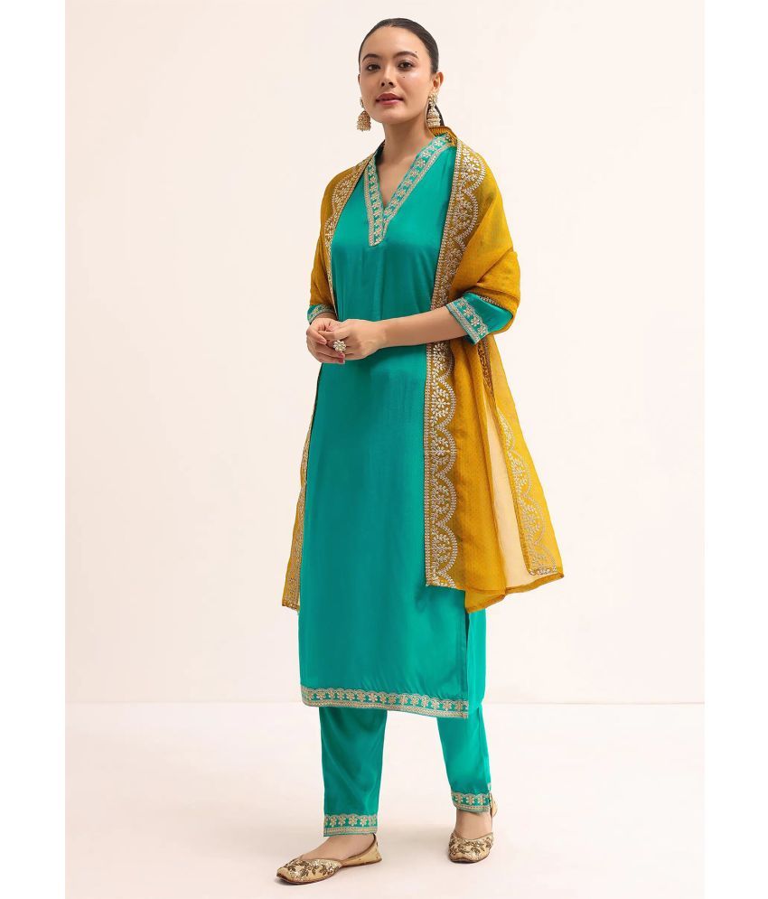     			kedar fab Cotton Silk Embroidered Kurti With Pants Women's Stitched Salwar Suit - Teal ( Pack of 1 )