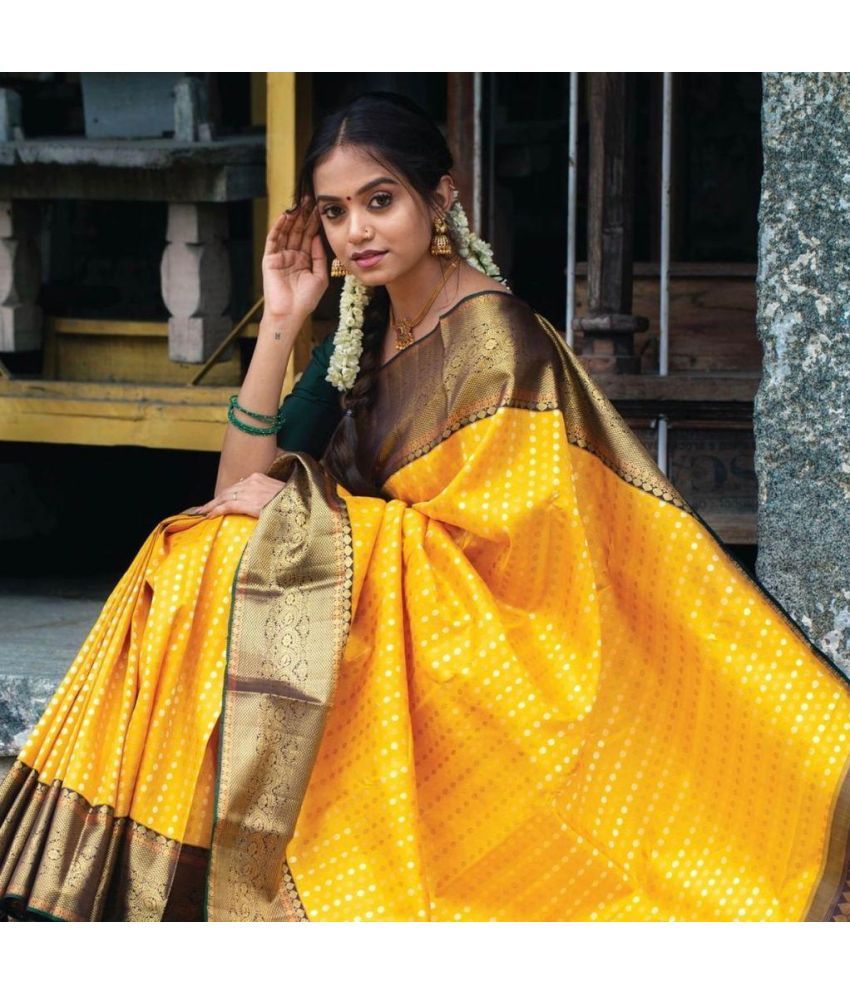     			Vividvibe Pack of 1 Kanjivaram Silk Self Design Saree With Blouse Piece ( Yellow )