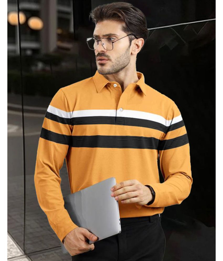     			AOOSH Pack of 1 Cotton Blend Regular Fit Striped Full Sleeves Men's Polo T Shirt ( Mustard )