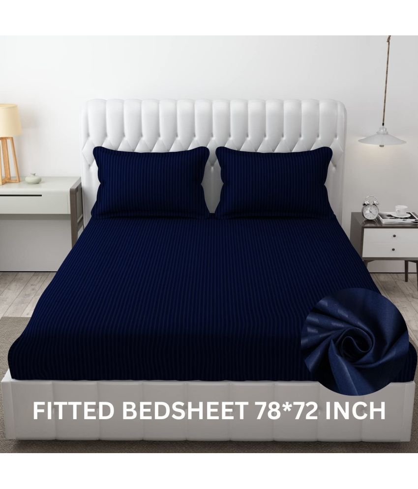     			YKNIP Cotton Vertical Striped Fitted 1 Bedsheet with 2 Pillow Covers ( King Size ) - Blue