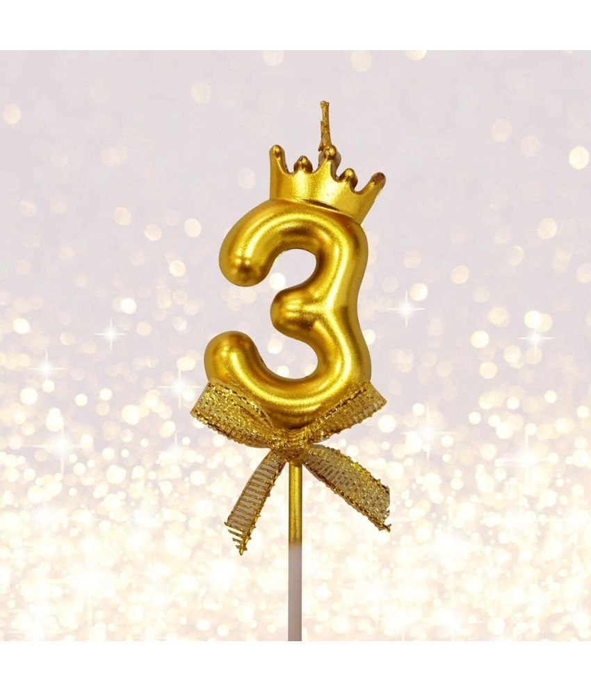     			Partybooms Number 3 Cake Decoration Candle with Crown for Birthday, Wedding, Engagement, Valentines Day, Theme Party, Bachelorette Celebration 1 Pc Gold (3)