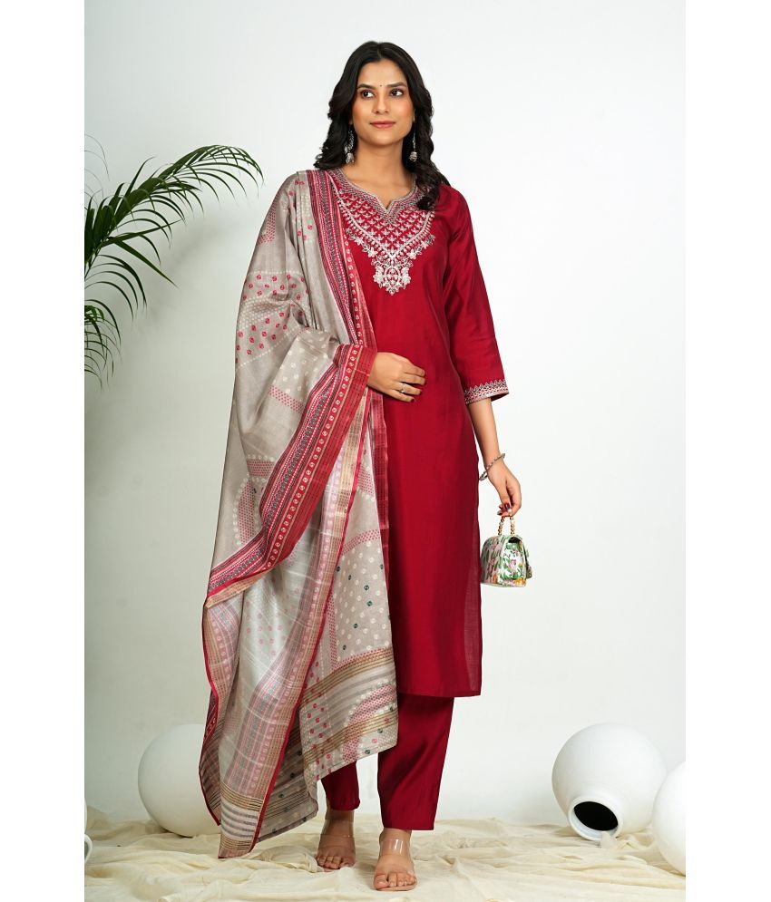     			Vbuyz Silk Blend Embroidered Kurti With Pants Women's Stitched Salwar Suit - Maroon ( Pack of 1 )