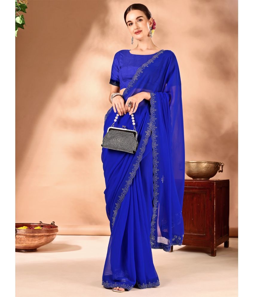     			Vibhagyaa Chiffon Embellished Saree With Blouse Piece ( Blue , Pack of 1 )