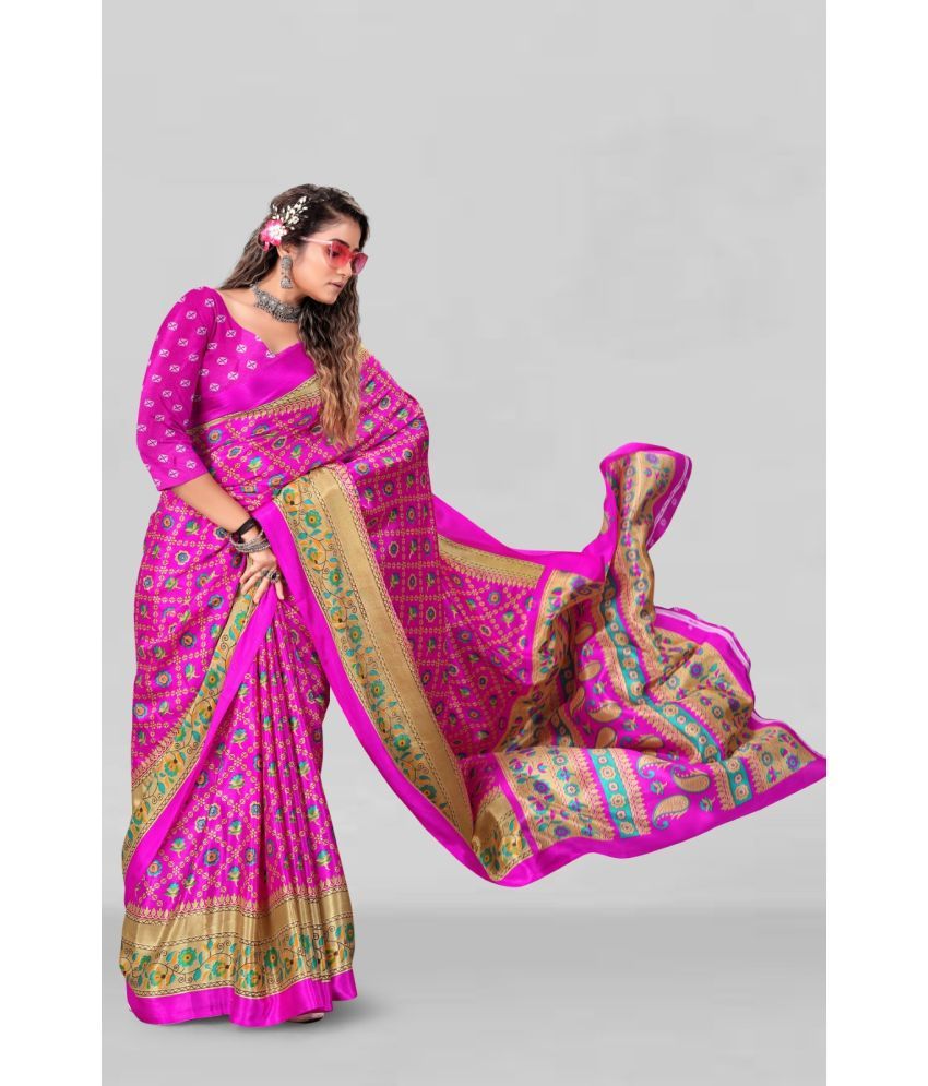     			Vibhagyaa Cotton Blend Printed Saree With Blouse Piece ( Pink , Pack of 1 )