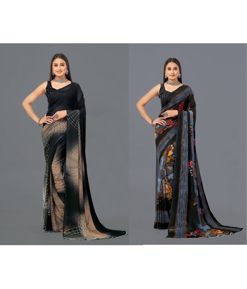     			Vibhagyaa Georgette Printed Saree With Blouse Piece ( Black , Pack of 2 )