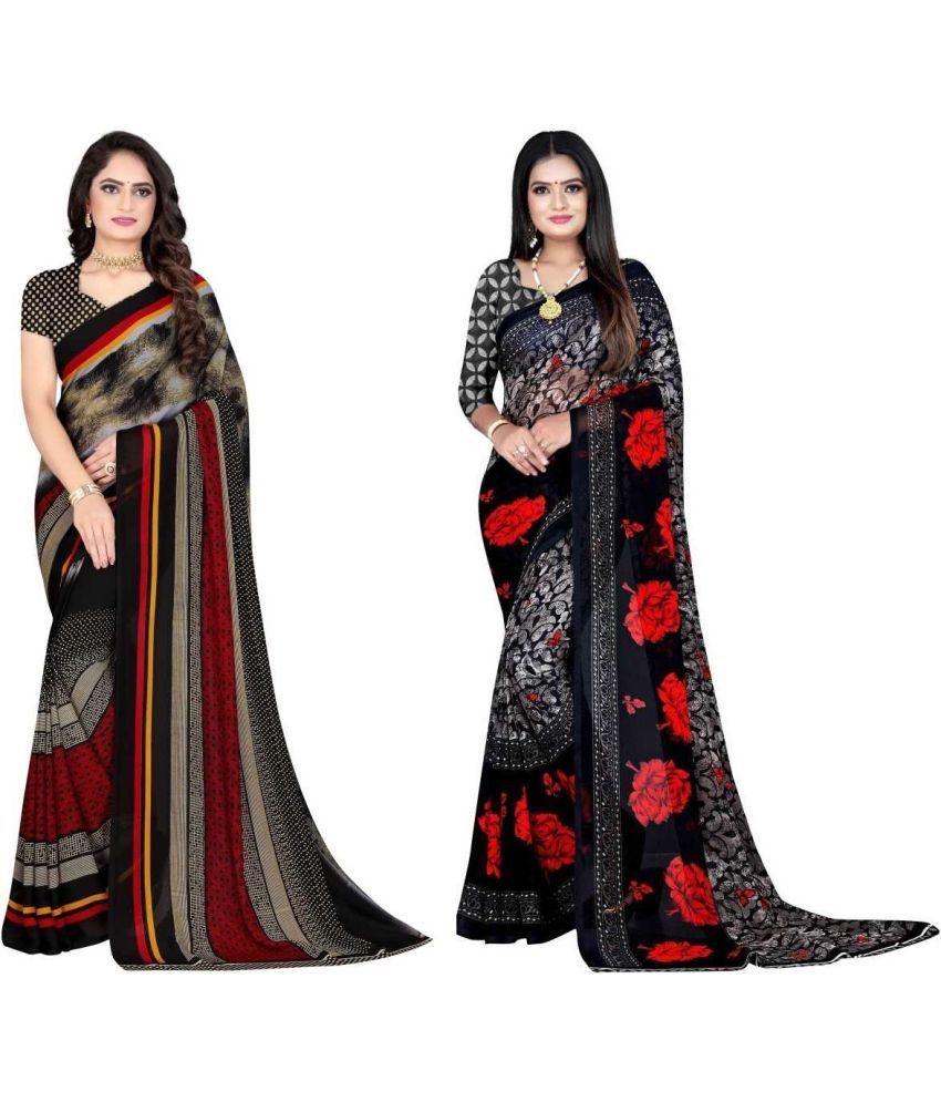     			Vibhagyaa Georgette Printed Saree With Blouse Piece ( Black , Pack of 2 )