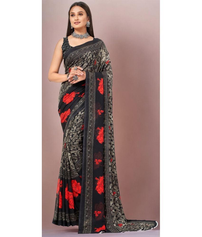     			Vibhagyaa Georgette Printed Saree With Blouse Piece ( Black , Pack of 1 )