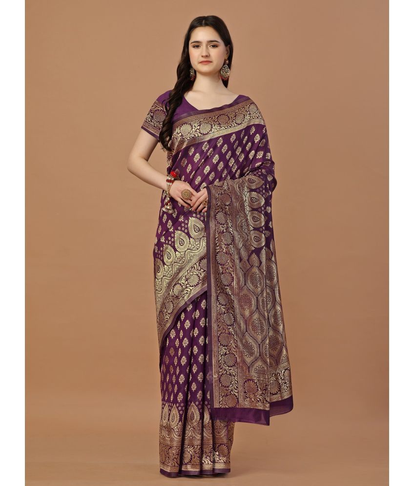     			Vibhagyaa Silk Self Design Saree With Blouse Piece ( Purple , Pack of 1 )