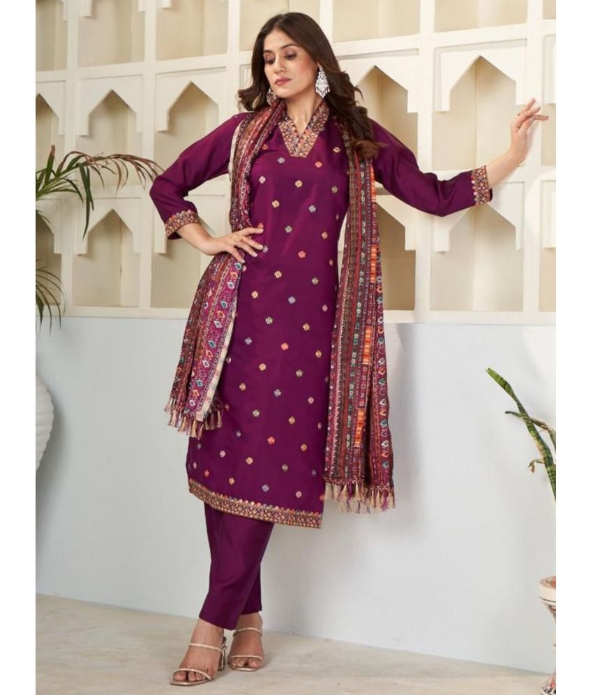     			Eeloo Chanderi Embroidered Kurti With Pants Women's Stitched Salwar Suit - Purple ( Pack of 1 )