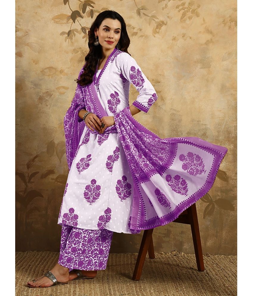     			Eeloo Cotton Printed Kurti With Pants Women's Stitched Salwar Suit - Purple ( Pack of 1 )