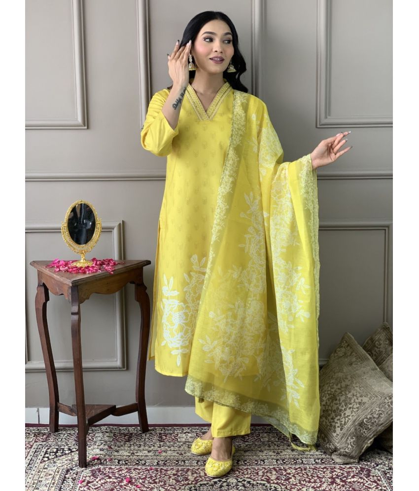     			Eeloo Silk Printed Kurti With Pants Women's Stitched Salwar Suit - Lemon Yellow ( Pack of 1 )