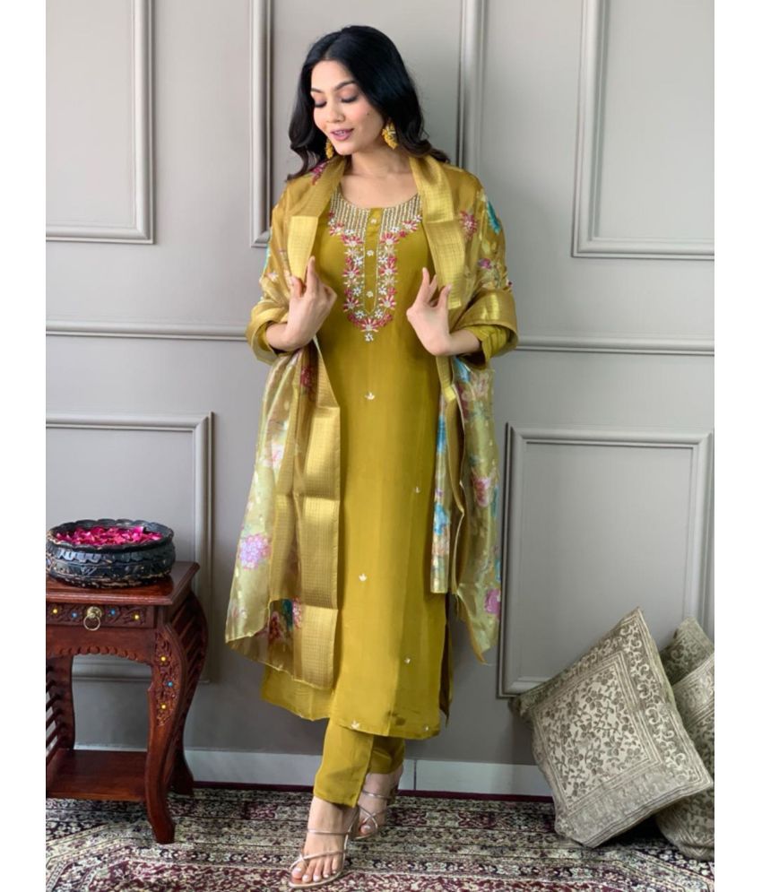     			Eeloo Viscose Embroidered Kurti With Pants Women's Stitched Salwar Suit - Yellow ( Pack of 1 )