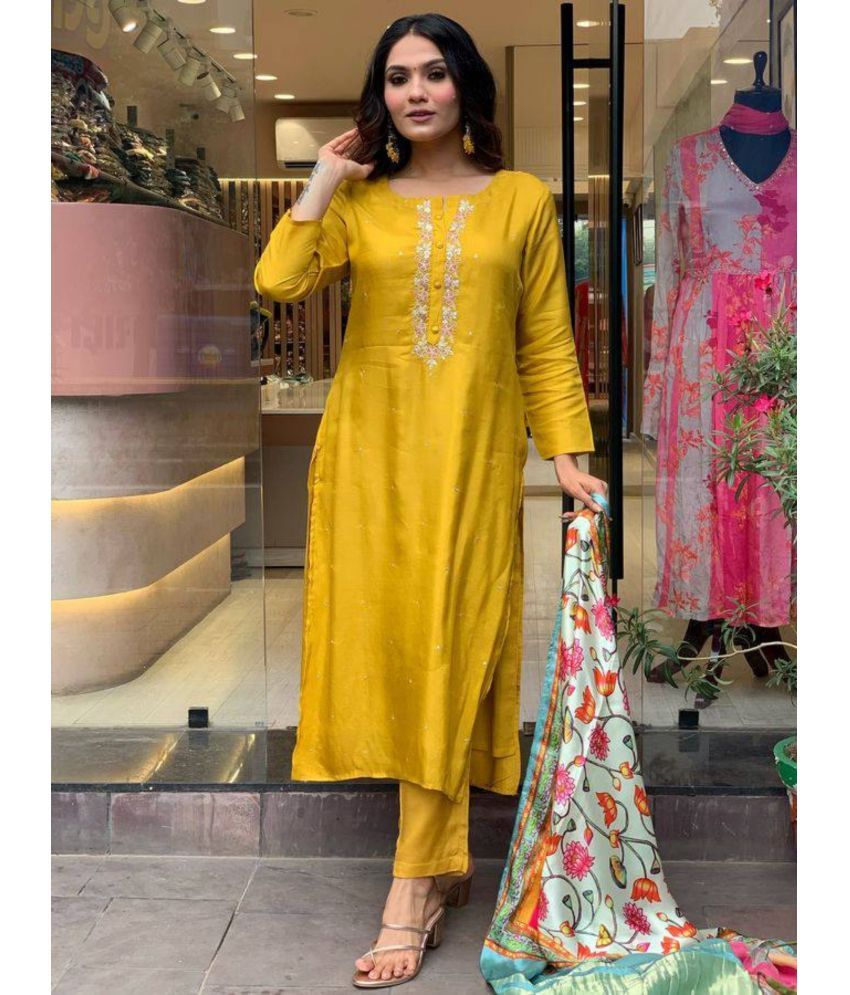     			Eeloo Viscose Embroidered Kurti With Pants Women's Stitched Salwar Suit - Mustard ( Pack of 1 )