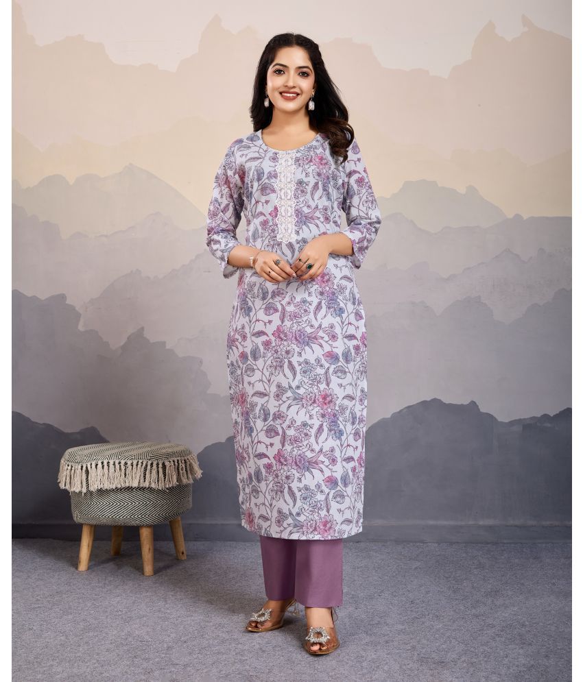     			MOJILAA Cotton Printed Kurti With Pants Women's Stitched Salwar Suit - Lavender ( Pack of 1 )