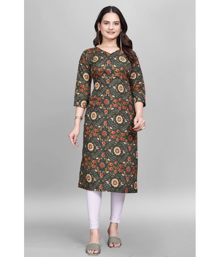     			Devakii Pack of 1 Cotton Blend Printed Straight Women's Kurti - ( Green )