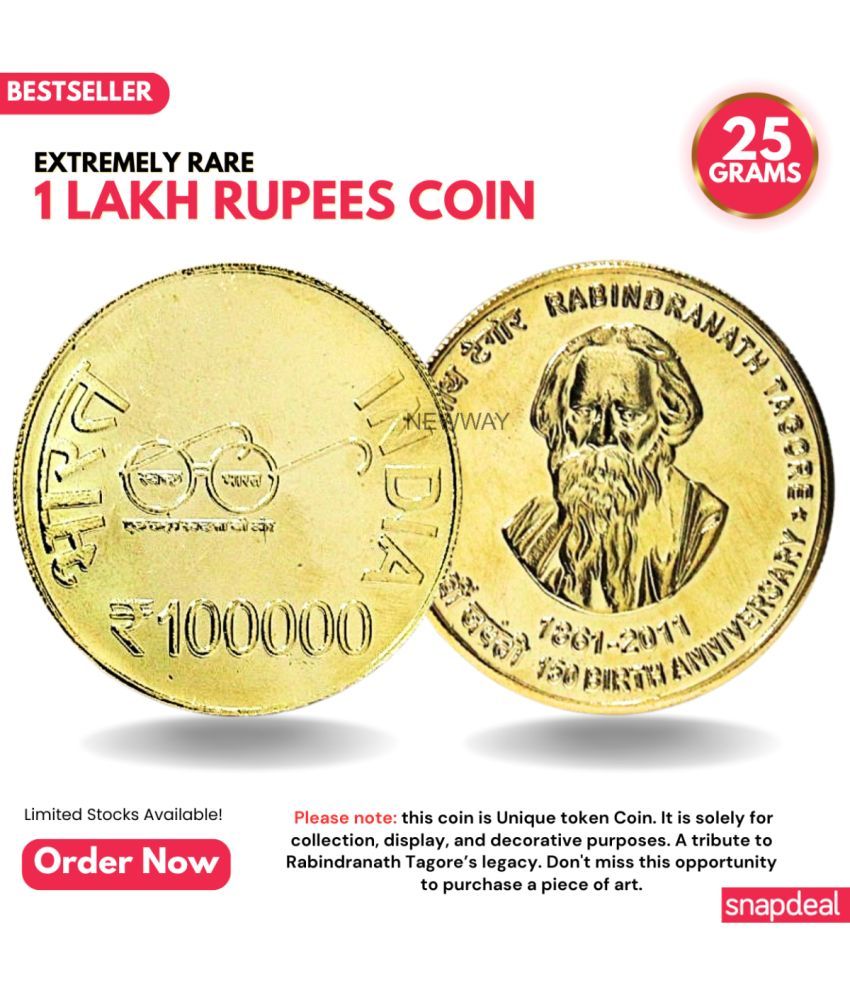     			Most Demanded 1 Lakh Rupees, Rabindranath Tagore Rare Gold-plated Heavy 25 Grams Coin