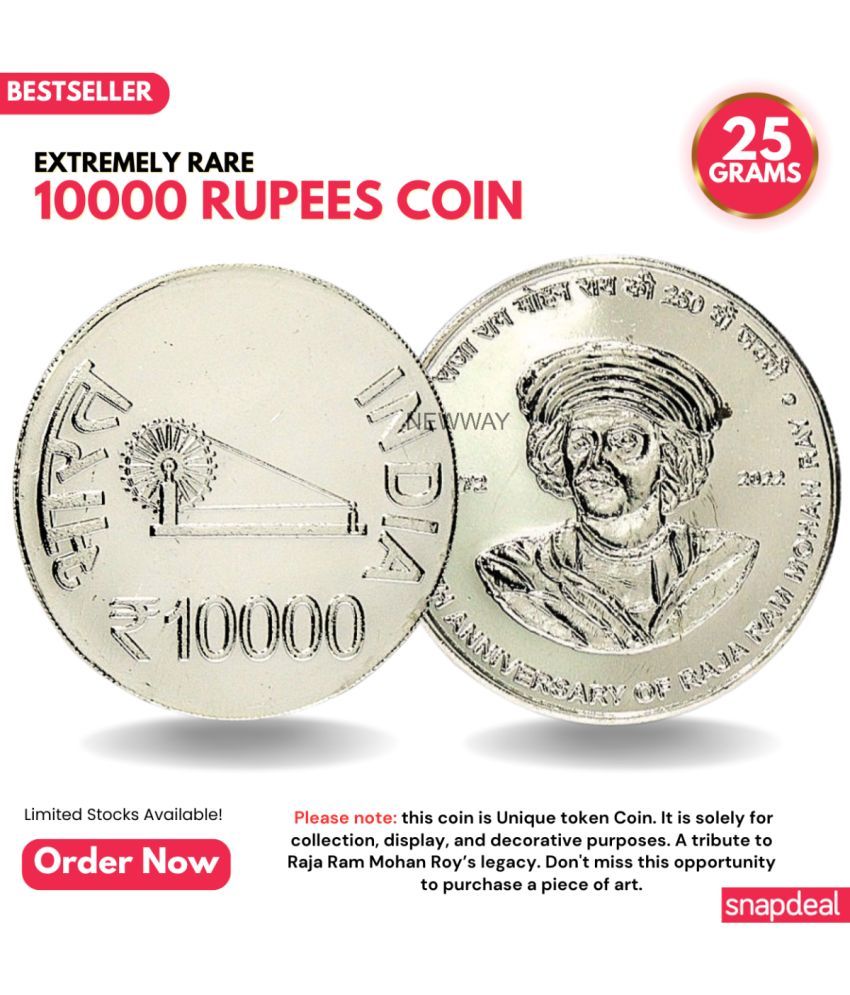     			Most Demanded 10000 Rupees, Raja Ram Mohan Roy Rare Silver-plated Heavy 25 Grams Coin