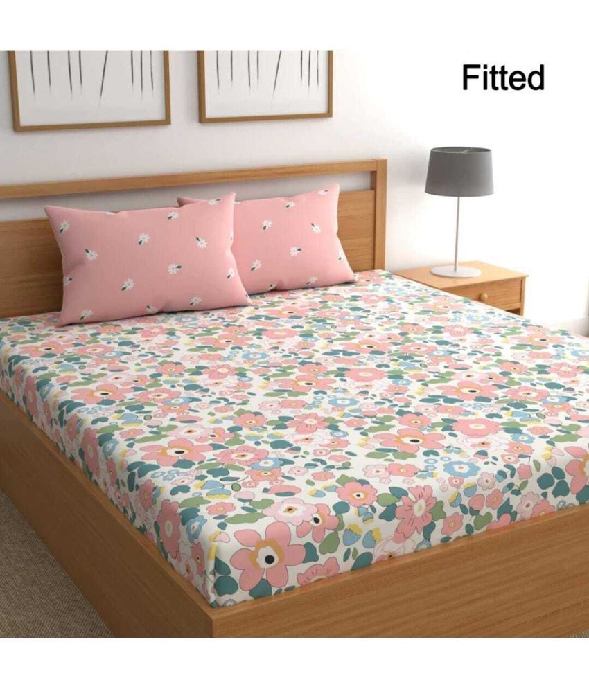     			NeLeo Poly Cotton Floral Fitted 1 Bedsheet with 2 Pillow Covers ( Queen Size ) - Pink