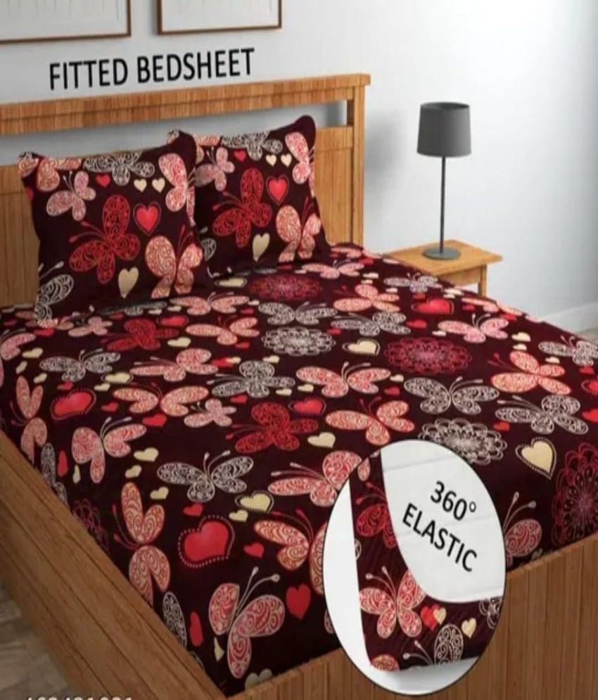     			SWIZIER Cotton Floral Fitted 1 Bedsheet with 2 Pillow Covers ( King Size ) - Red