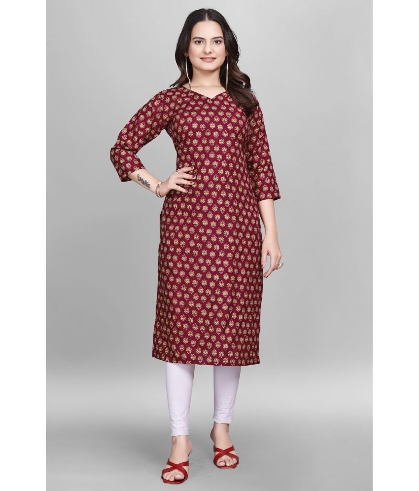     			Devakii Pack of 1 Cotton Blend Printed Straight Women's Kurti - ( Maroon )