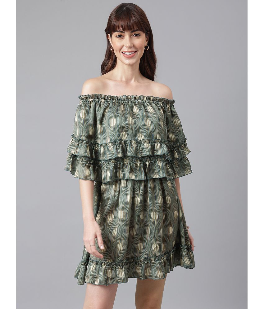     			Flamboyant Polyester Printed Above Knee Women's Off Shoulder Dress - Green ( Pack of 1 )