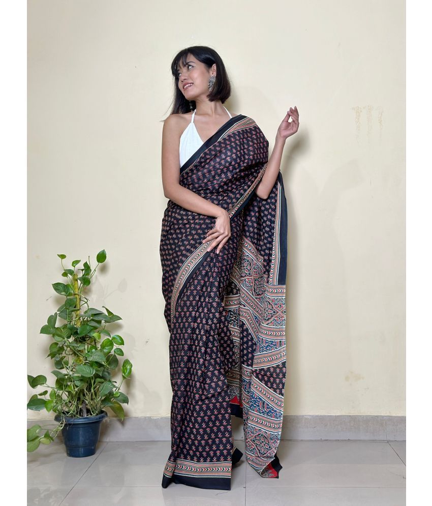     			NOITAERCPR Cotton Printed Saree With Blouse Piece ( Black , Pack of 1 )