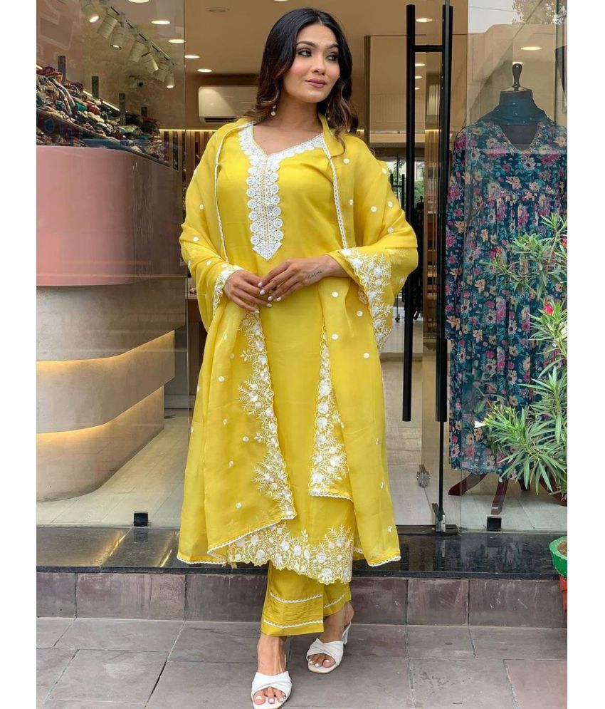     			Niza Fashion Georgette Embroidered Kurti With Pants Women's Stitched Salwar Suit - Yellow ( Pack of 1 )