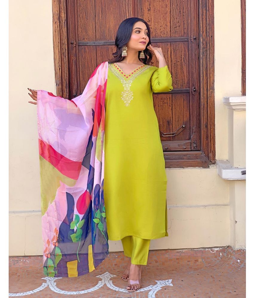     			Trijal Fab Cotton Silk Embellished Kurti With Pants Women's Stitched Salwar Suit - Lime Green ( Pack of 1 )