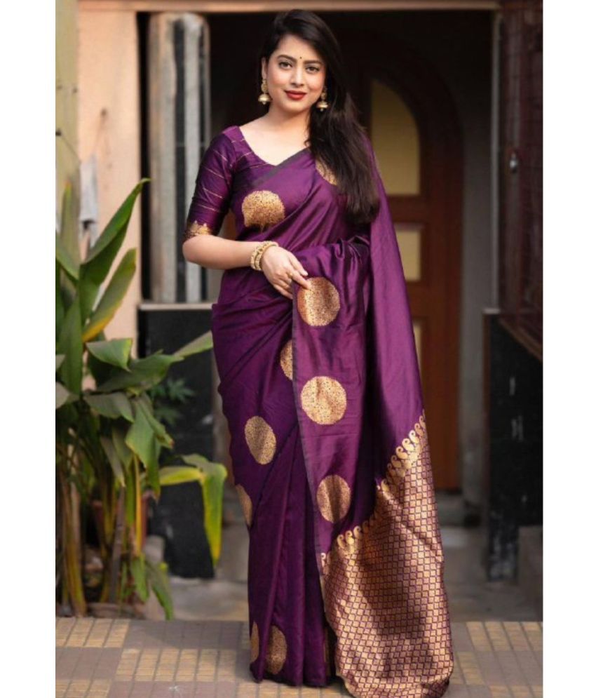     			roop lavanya Kanjivaram Silk Woven Saree With Blouse Piece ( Purple , Pack of 1 )