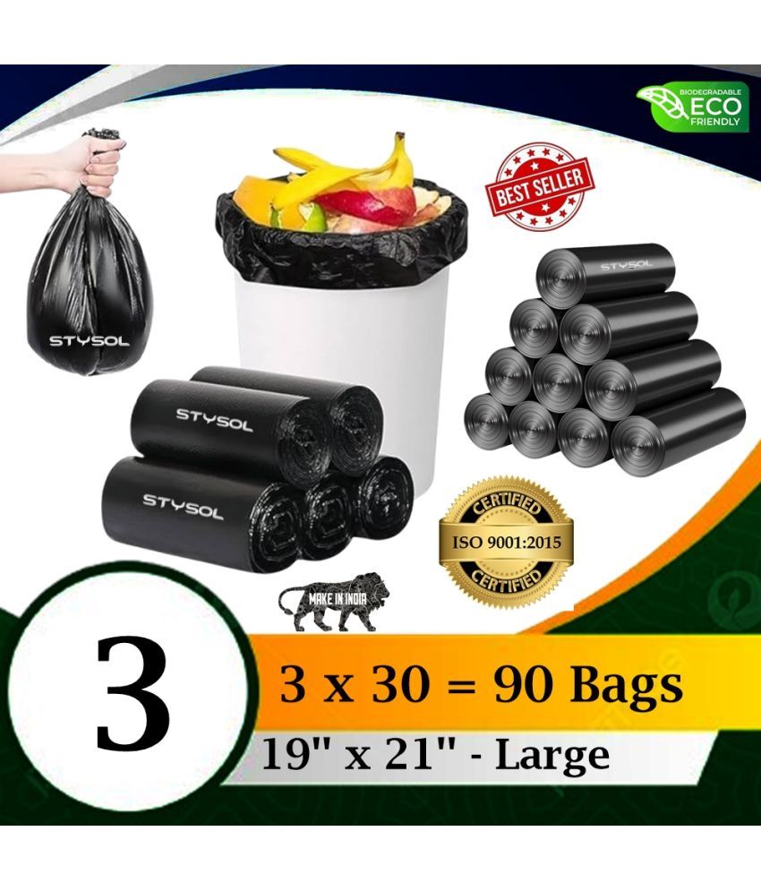     			90 Bags (3 Rolls)  Premium Biodegradable Garbage Bags 19 X 21 Inches (Medium Size) Dustbin Bag/Trash Bag - Black Color