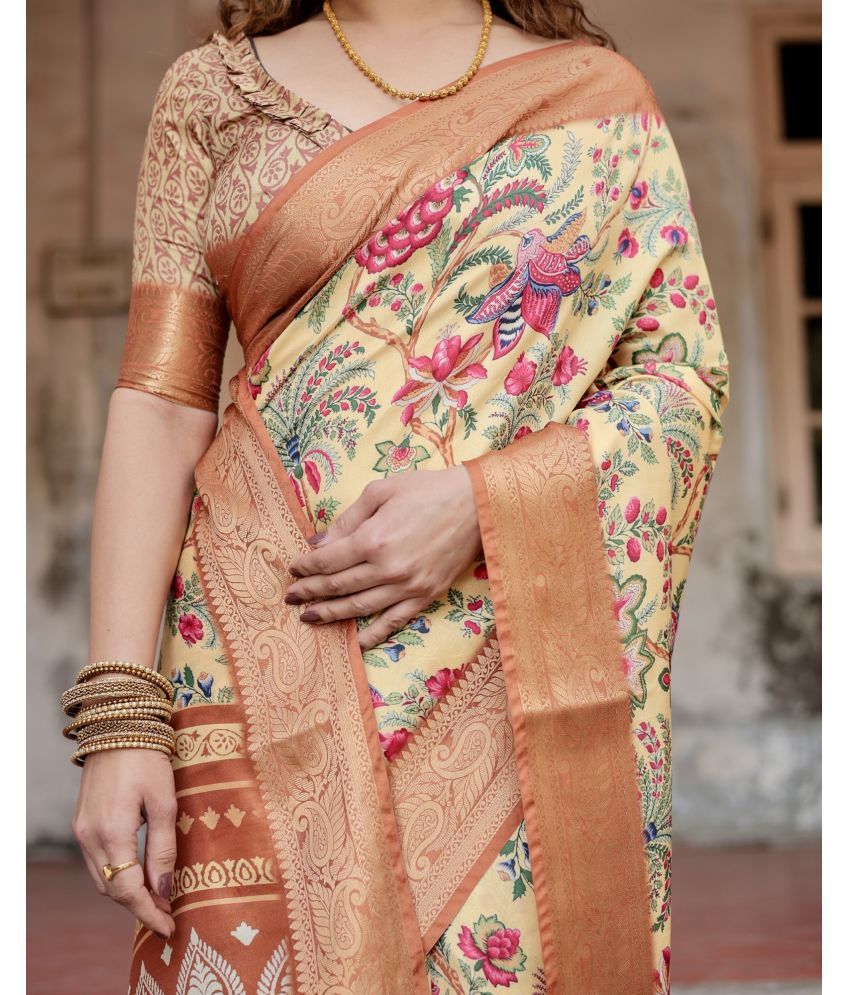     			Almaari Fashion Cotton Silk Printed Saree With Blouse Piece ( Yellow , Pack of 1 )