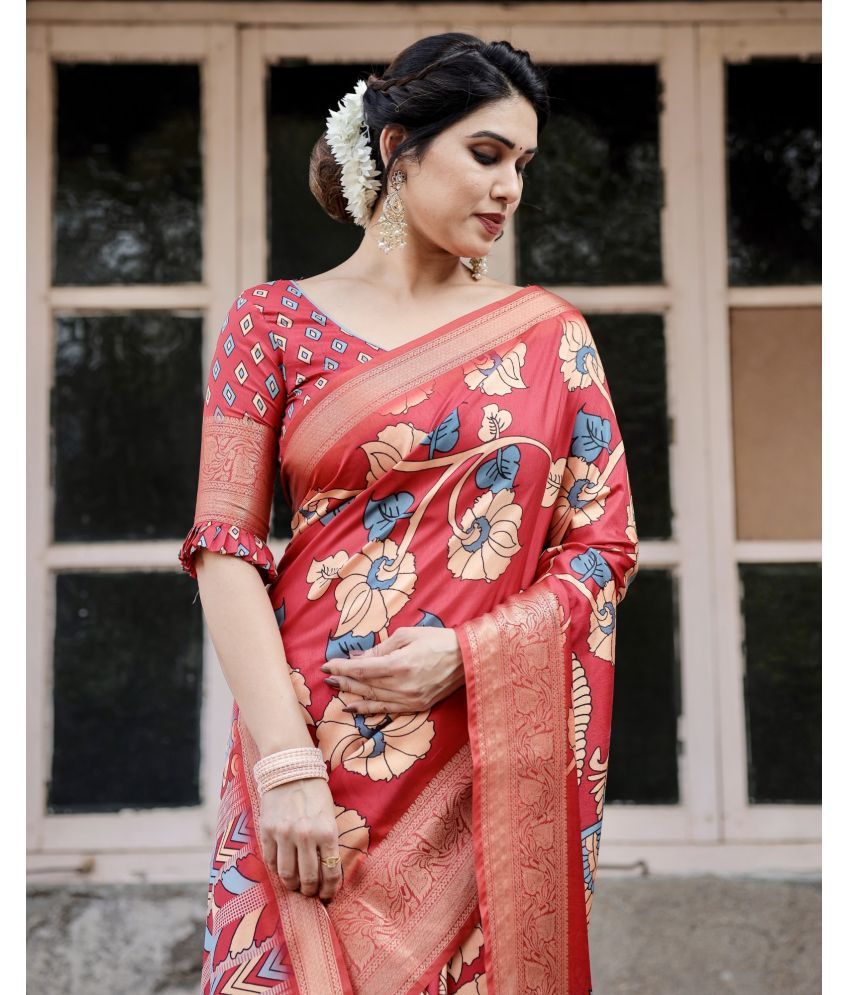     			Almaari Fashion Cotton Silk Printed Saree With Blouse Piece ( Red , Pack of 1 )